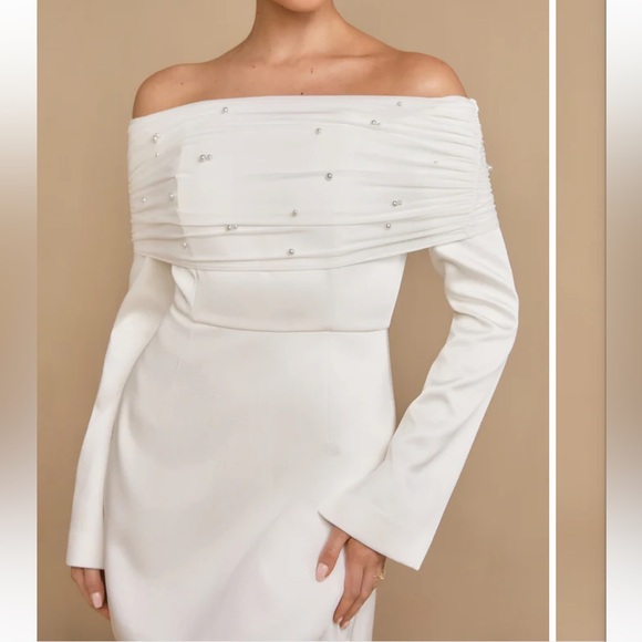 Pearl Trim Bardot Mini Dress - White - Picture 2 of 5